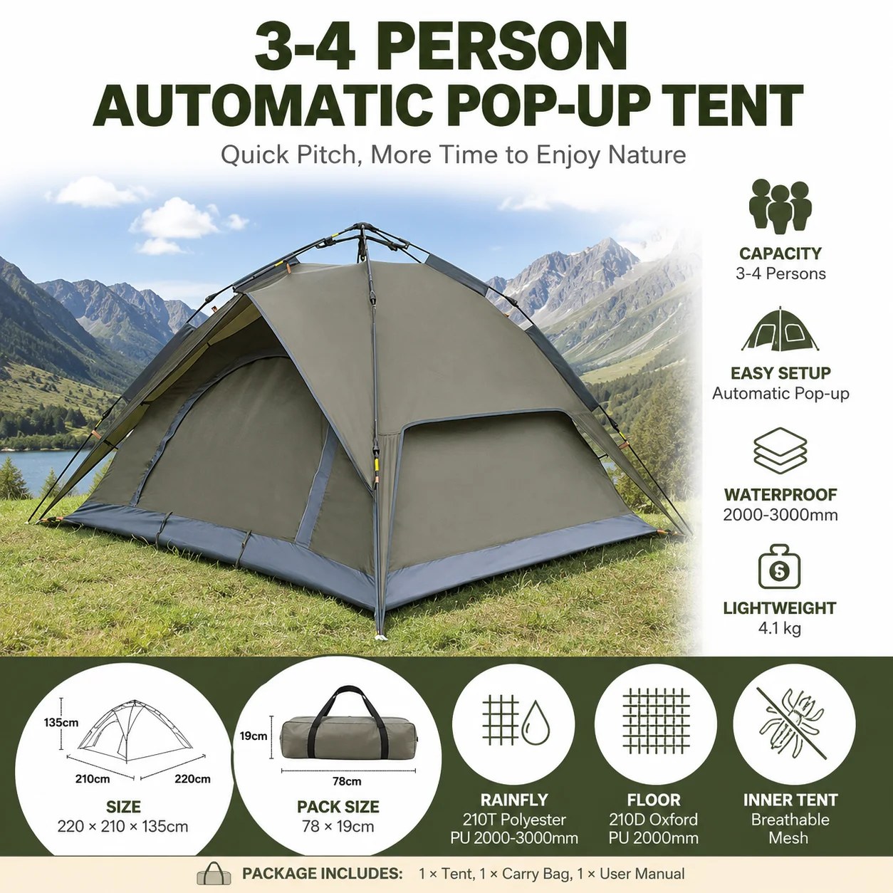 Automaatne telk 3–4 inimesele, 220 × 210 × 135 cm, khaki