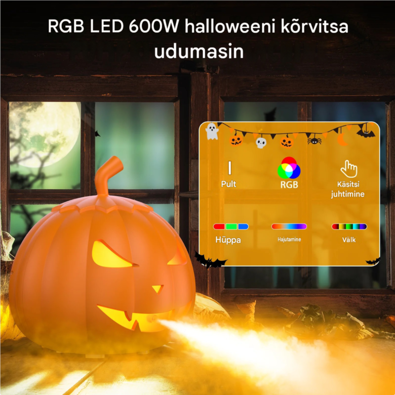 Kõrvitsakujuline 600 W udumasin, RGB ja pult