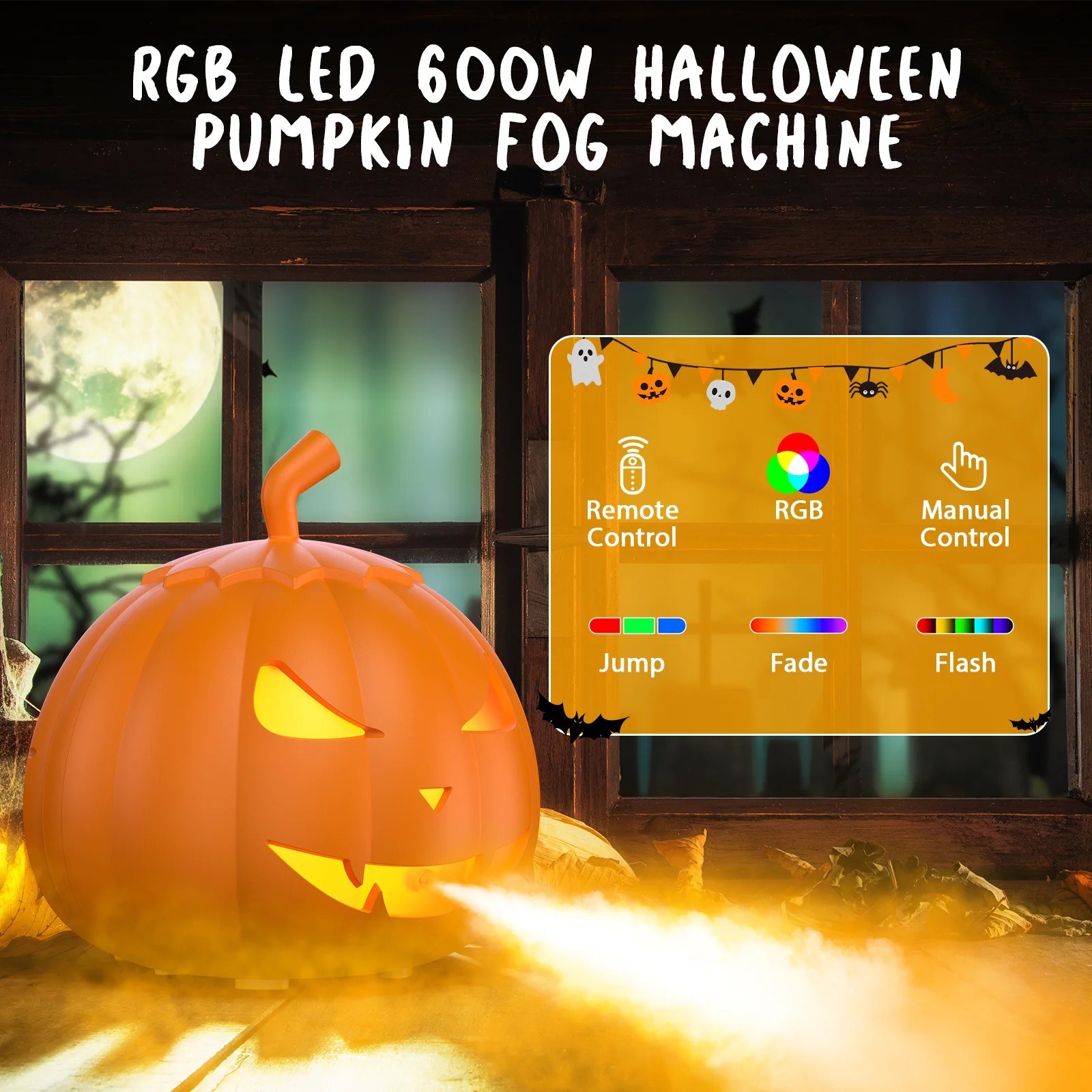 Kõrvitsakujuline 600 W udumasin, RGB ja pult