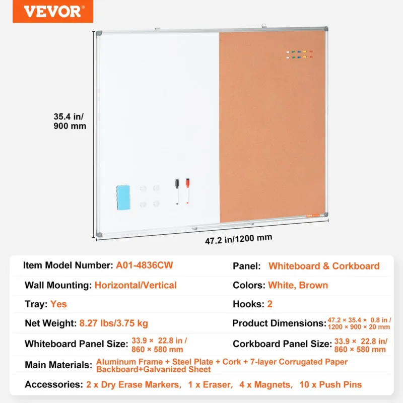 122 x 91,4 cm valge ja korktahvel koos alumiiniumraamiga – 5,08 cm-1