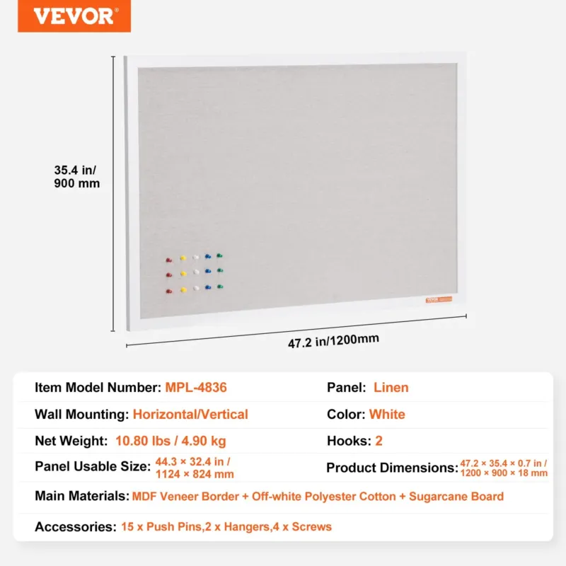 122 x 91,4 cm valge korgitahvel linase pinnaga – stiilne seinale