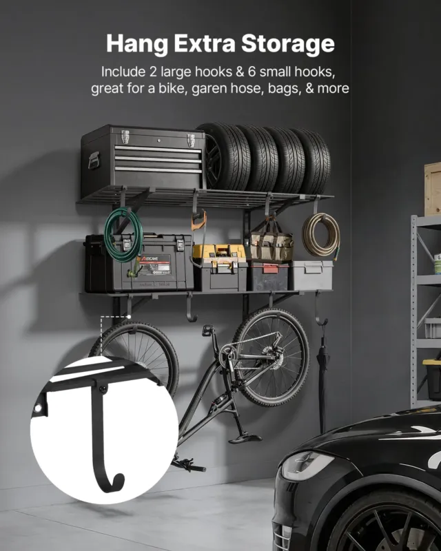 2-tasandiline vastupidav seinale kinnitatav garaažiriiul, 2 tasandit, 61 x 122 cm