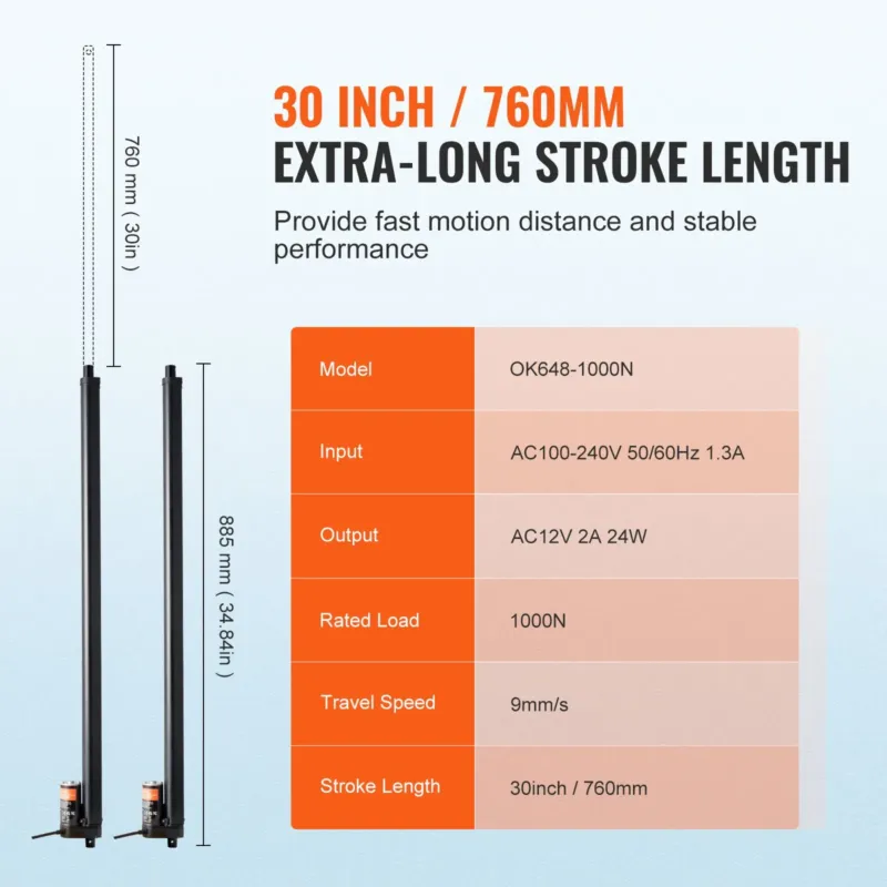 2 tk 12V lineaarajami komplekt 760 mm 9 mm/s 99,79 kg/1000N IP54