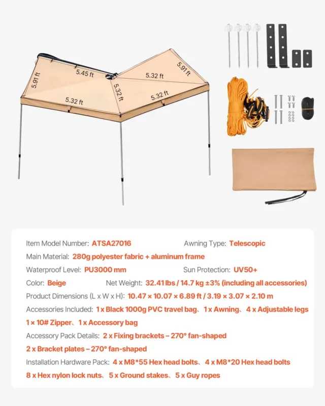 270-kraadine varikatus, 3,2 x 1,62 m, 280 g