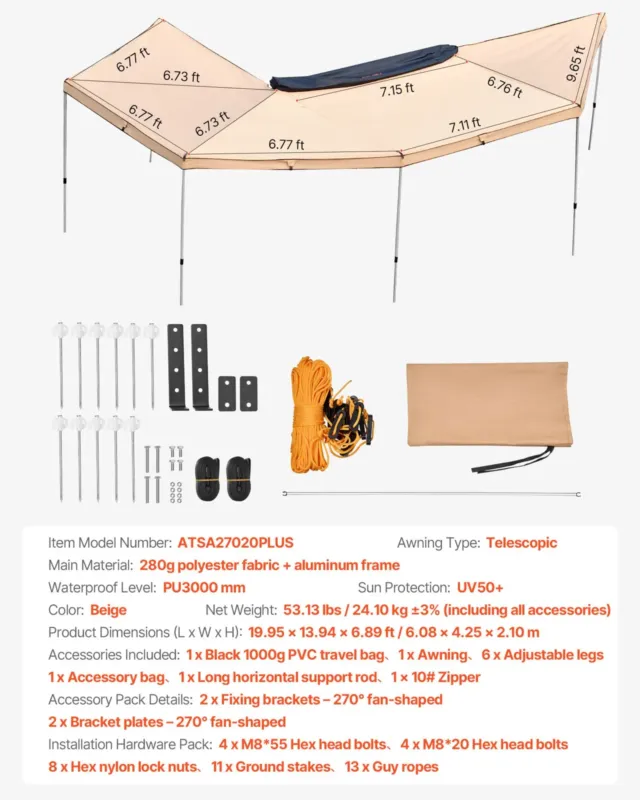 270-kraadine varikatus, 6,1 x 2,04 m, 280 g