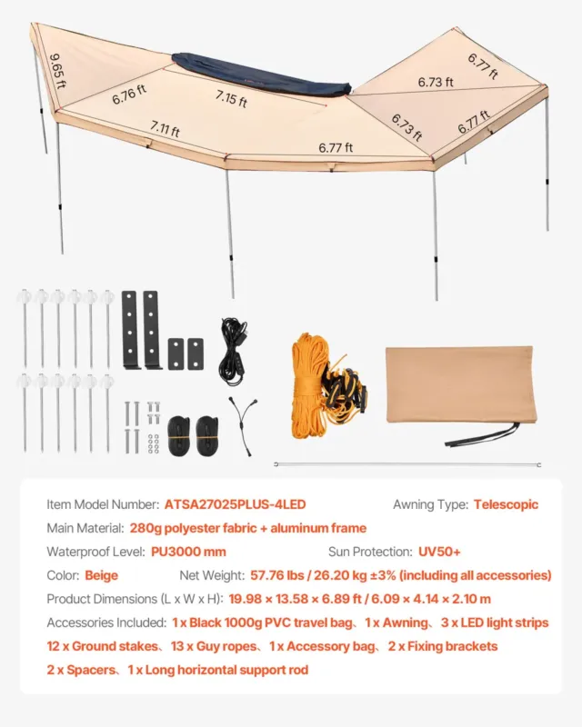 270-kraadine varikatus sisseehitatud LED-tuledega, 6,1 x 2,04 m, 280 g