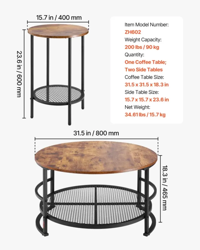 3-osaline ümmargune kohvilauakomplekt, 3 osa, 80 cm