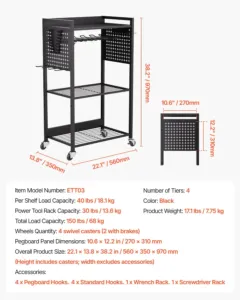 4-astmeline tööriistakoristuskäru, 4 tasandit, 68,0 kg — pilt 7
