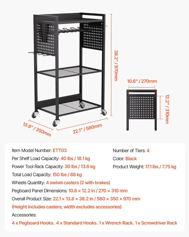 4-astmeline tööriistakoristuskäru, 4 tasandit, 68,0 kg