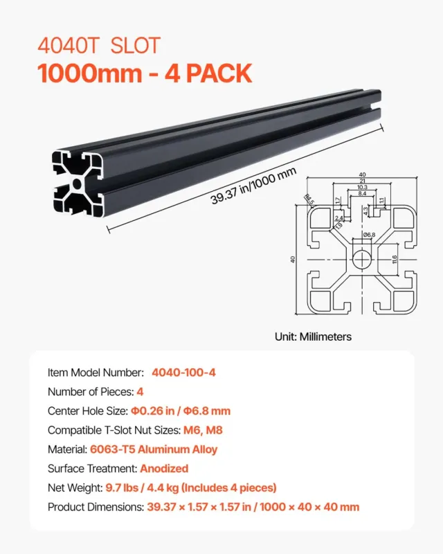 4 tk 1000 mm T-piluga 4040 alumiiniumist ekstrusioonprofiil