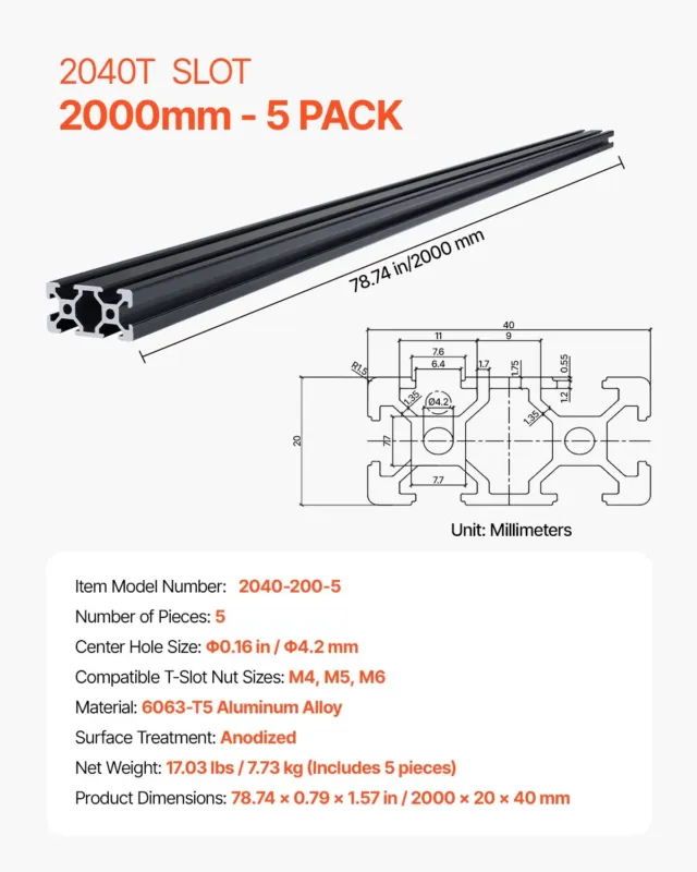 5 tk 2000 mm T-piluga 2040 alumiiniumist ekstrusioonprofiil