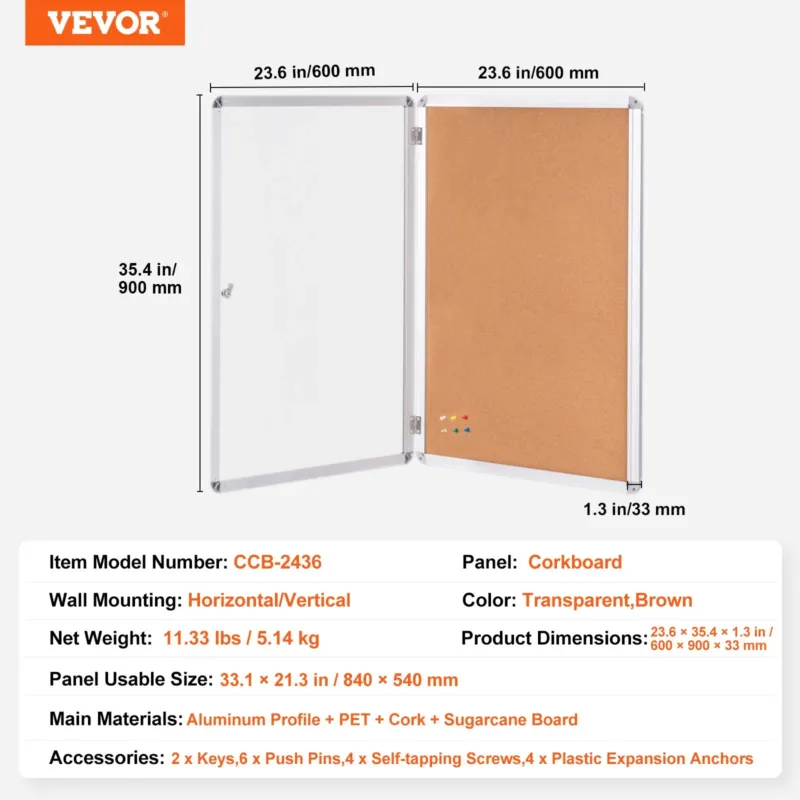 91,4 x 61,0 cm suletud korgitahvel alumiiniumraamiga – lukustatav