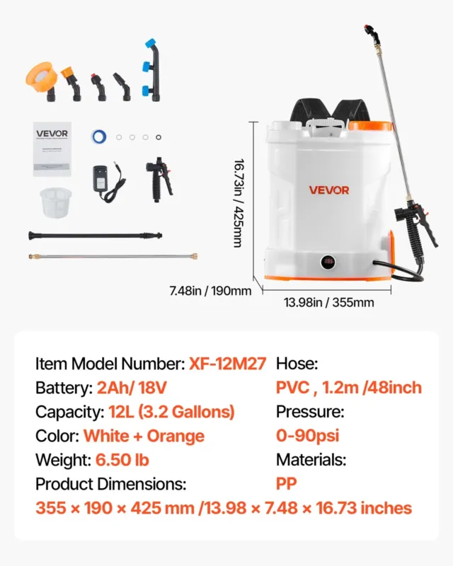 Akutoitel seljakottpihusti, 12 L, 1,2 m