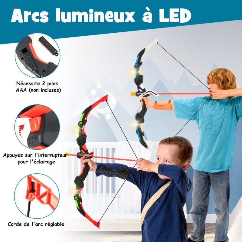 Laste vibukomplekt LED-tuledega: 2 vibu, 20 noolt ja märklaud