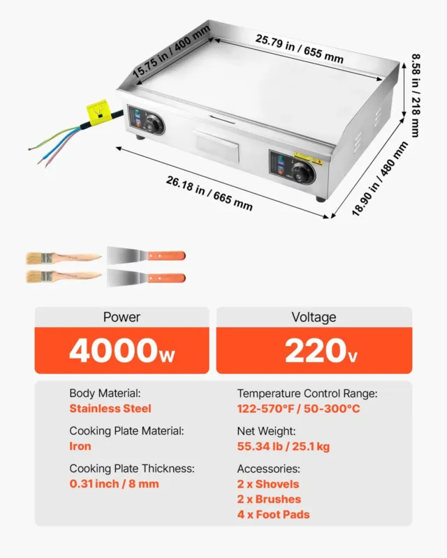 Elektriline grillplaat 655 x 400 mm, 4000 W