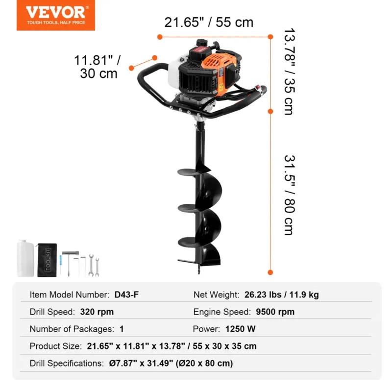 Gaasiga töötav postiauku kaevaja, 1250 W, 20,3 cm