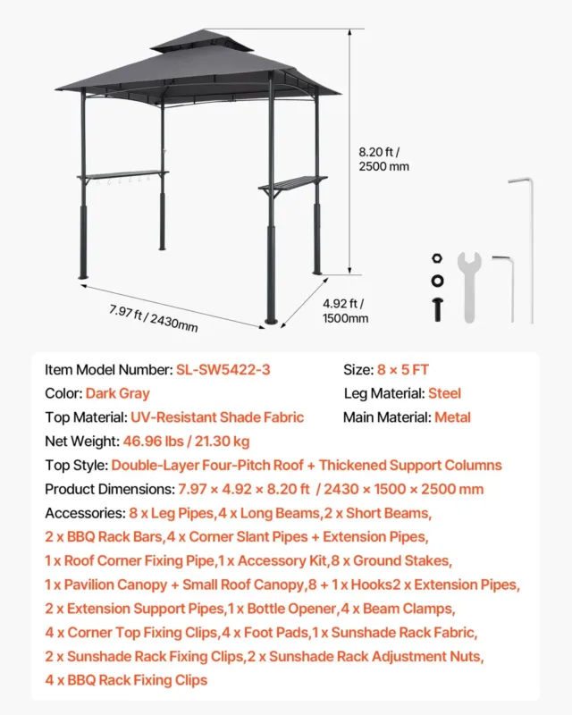 Grillvarikatus, 2,43 x 1,5 m, 2430 x 1500 x 2500 mm