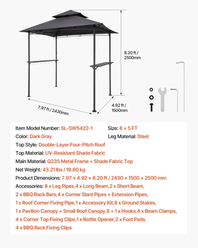 Grillvarikatus, 2,43 x 1,5 m, 2430 x 1500 x 2500 mm