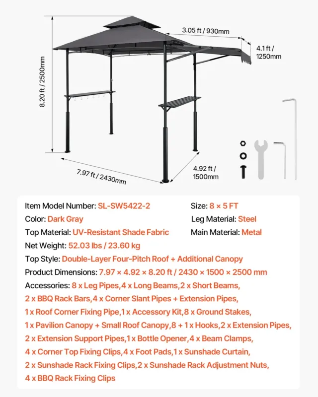 Grillvarikatus, 2,43 x 1,5 m, 2430 x 1500 x 2500 mm