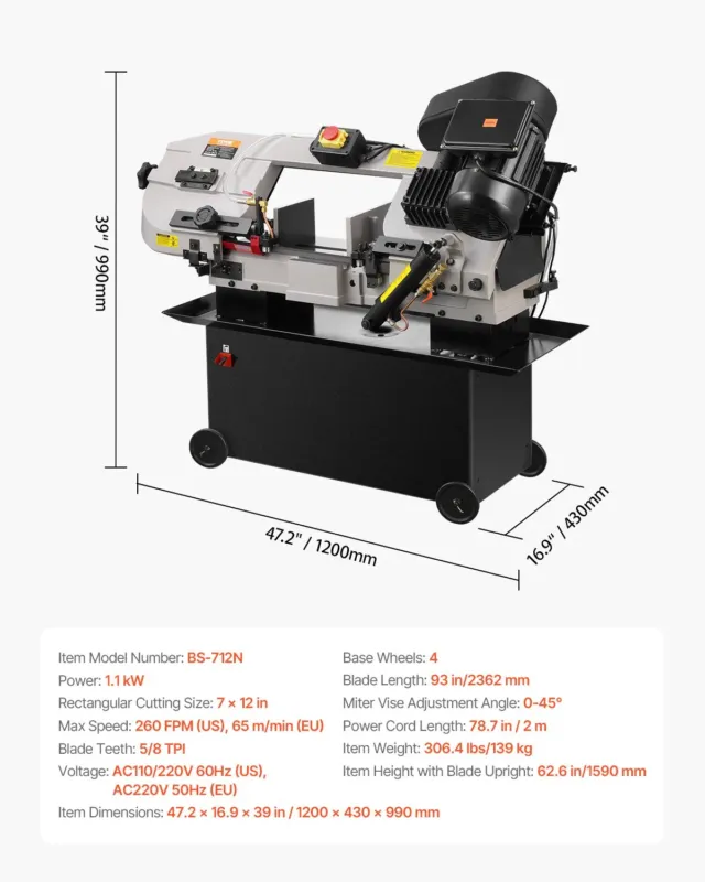 Horisontaalne metallilintsaag, 178 x 305 mm, 1,1 kW