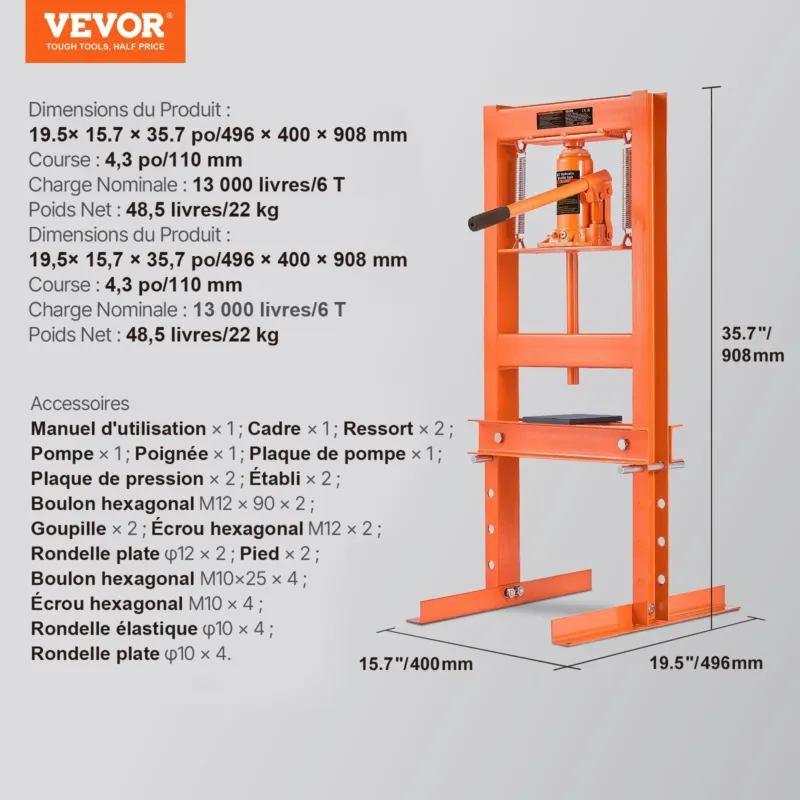 Hüdrauliline töökojapress 6 tonni pressplaatidega H-raamiga, 2,54 mm, 22 kg