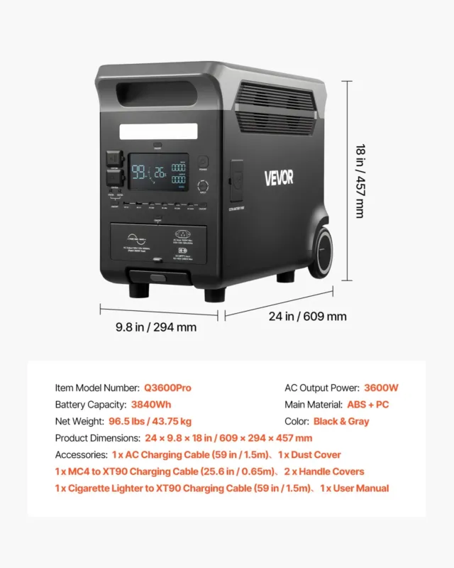 Kaasaskantav elektrijaam, 3600 W, 609 x 294 x 457 mm