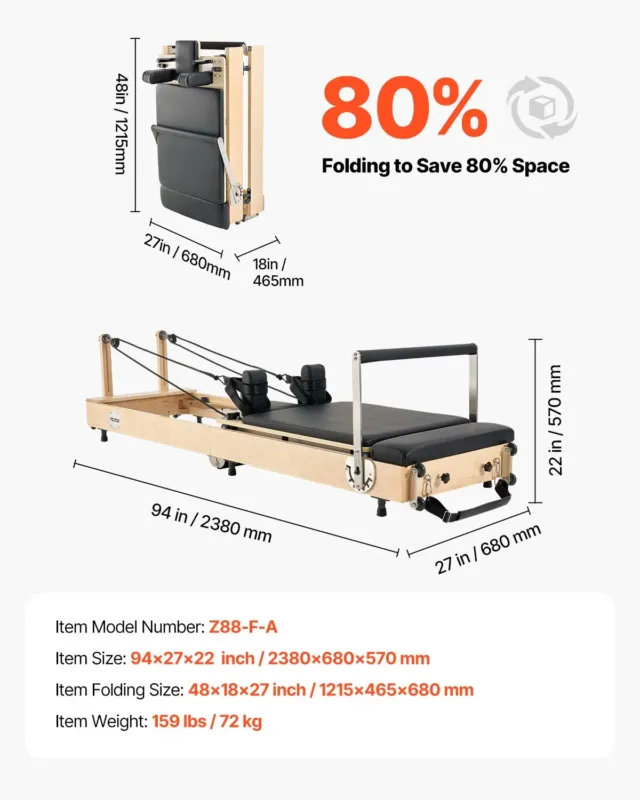 Kokkupandav pilatese reformer, 181 kg, 122 x 45,7 x 68,6 cm