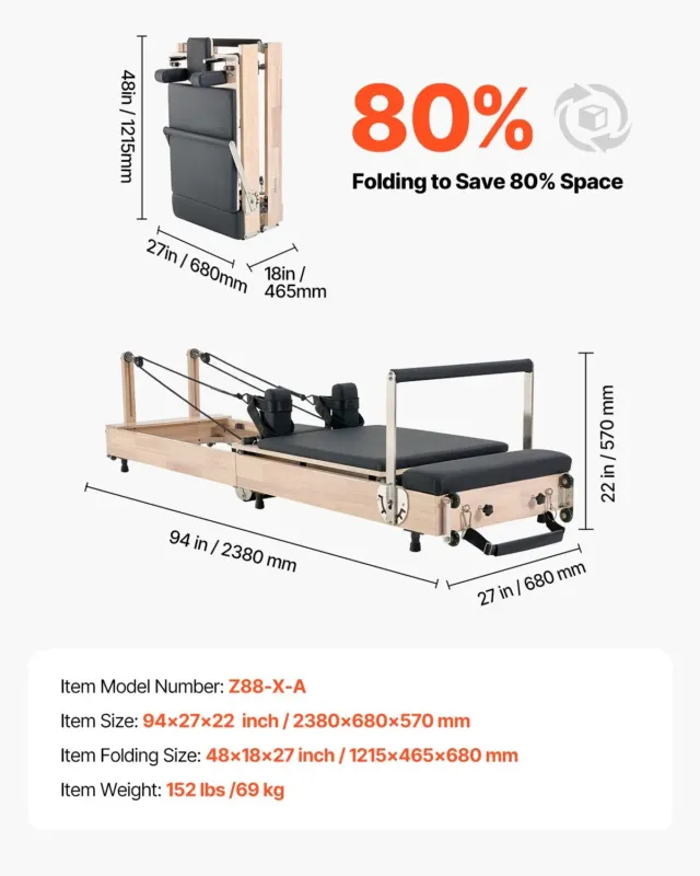Kokkupandav pilatese reformer, 181 kg, 122 x 45,7 x 68,6 cm