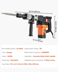 Lammutusvasar betoonilõikur 1400W elektriline haamer 2 peitliga, 1400 W — pilt 7