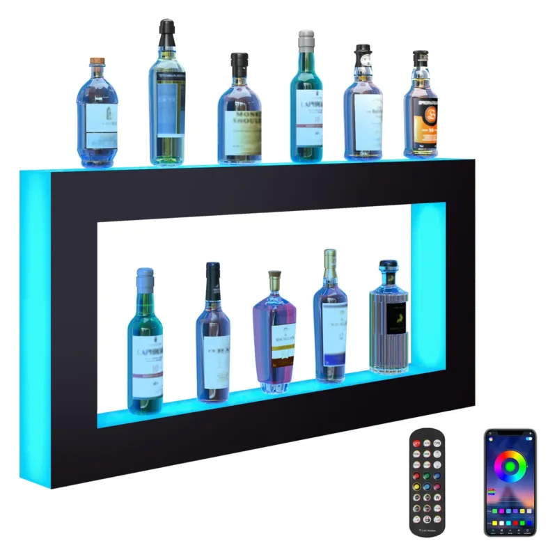 LED-valgustusega pudeliriiul 122 cm, puldiga