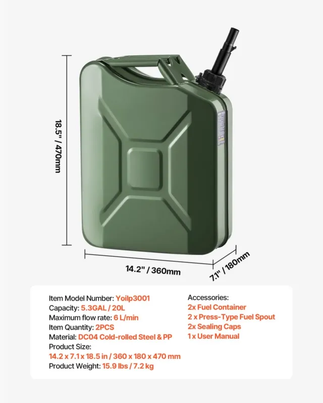 Metallist kütusekanister, 20 L, 36,1 x 18,0 x 51,1 cm