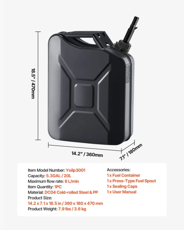 Metallist kütusekanister, 20 L, 36,1 x 18,0 x 51,1 cm