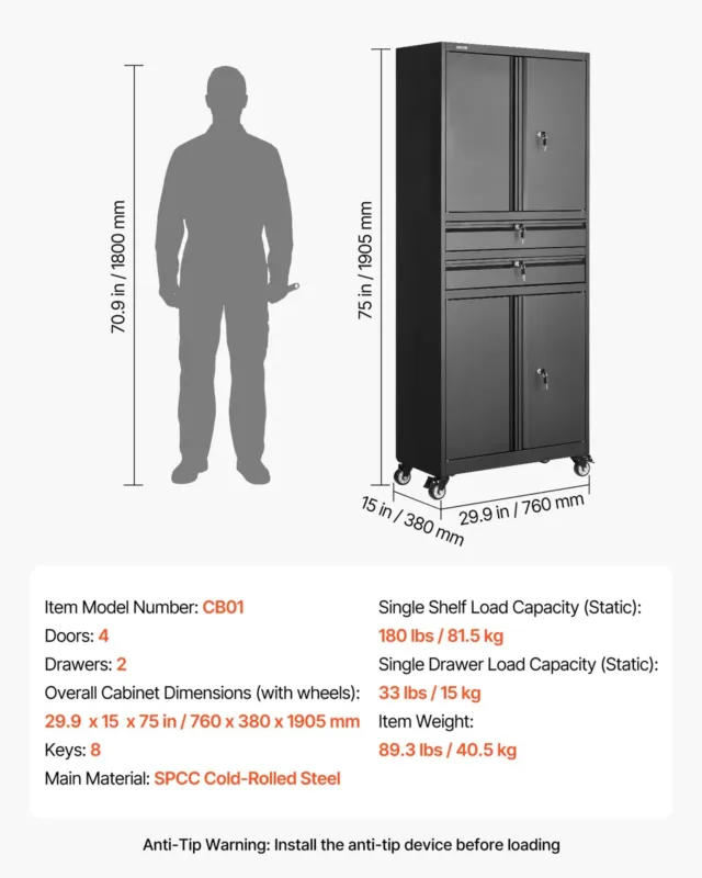 Metallist ratastega hoiukapp, 81,5 kg, 1905 mm
