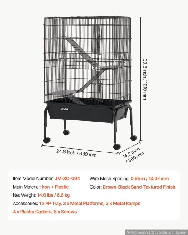 Metallist väikeloomade puur 101 cm 3-tasandiline ratastel tuhkrupuur