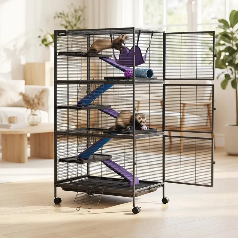 Metallist väikeloomade puur 149 cm 6-tasandiline ratastel tuhkrupuur