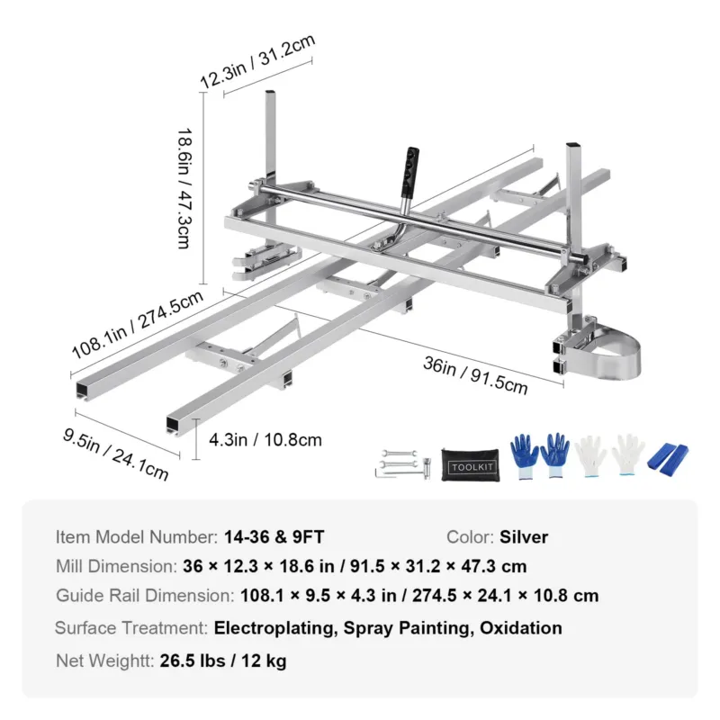 Mootorsae ja rööbaste freesi juhtsüsteem, 36 cm, 2,74 m