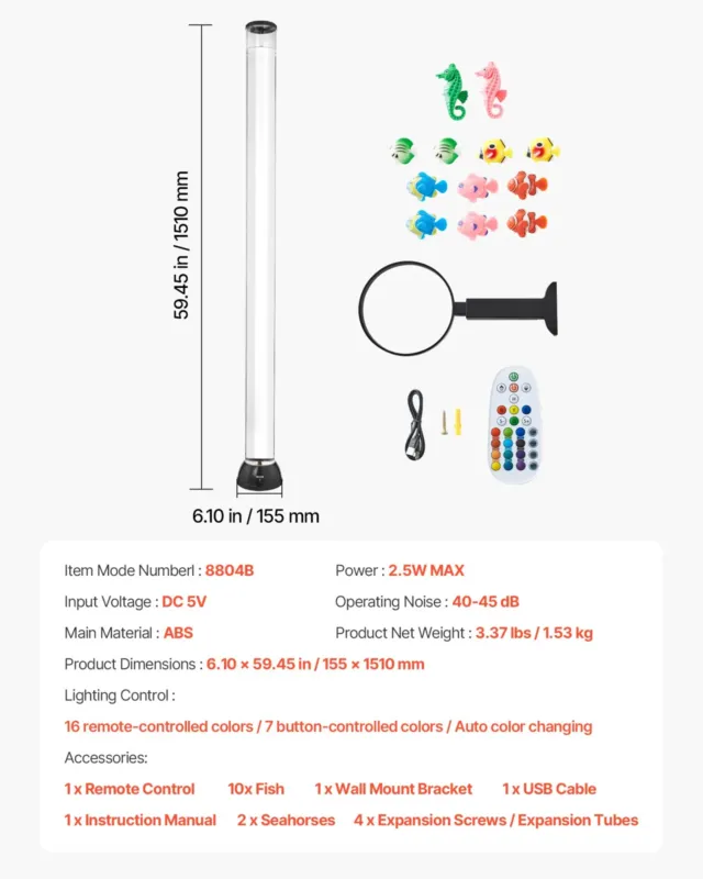 Mullitoruga lamp 16 värvi 150 cm sensoorne akvaariumilamp rahustavaks