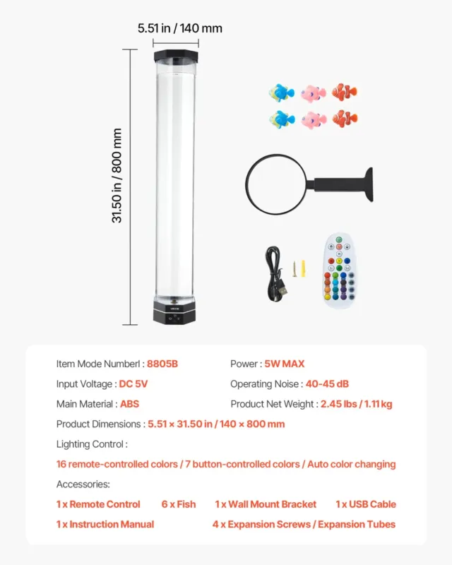 Mullitoruga lamp 16 värvi 80 cm sensoorne akvaariumilamp rahustavaks