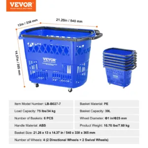 VEVOR Ostukorvid, 34 kg, 39 L, 6 tk, sinine — pilt 7