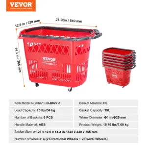 VEVOR Ostukorvid, 34 kg, 39 L, 6 tk, punane — фото 7