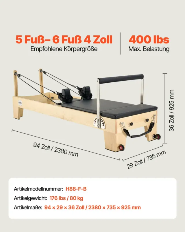 Pilatese reformermasin, 181 kg, 2380 x 735 x 925 mm