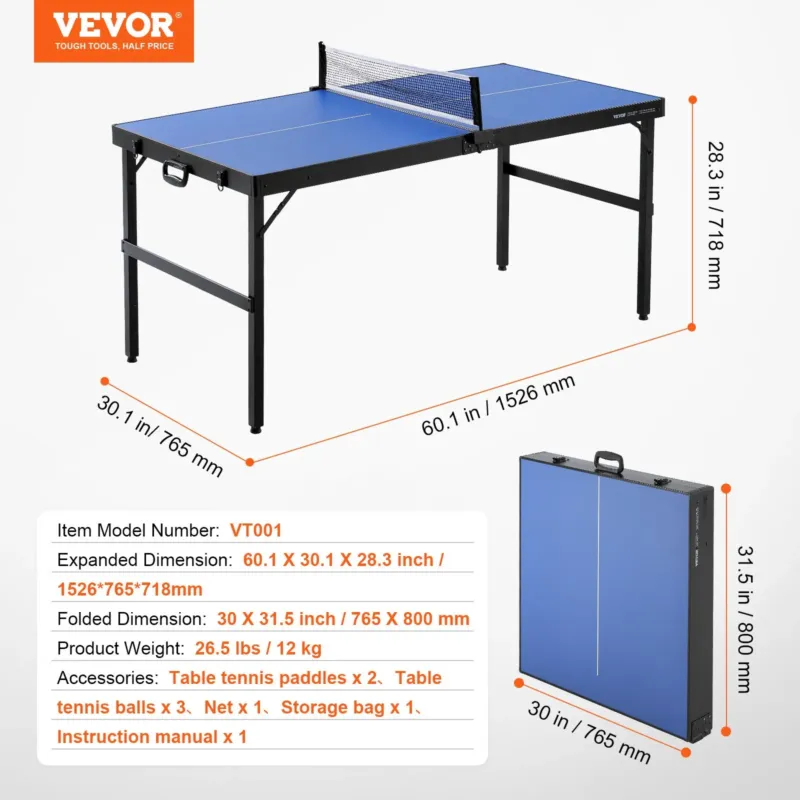 Pingpongilaud, 152 x 66,0 x 71,1 cm, 1526 x 665 x 718 mm