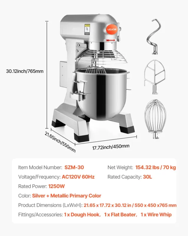 Professionaalne toidumikser 30 L, 1100 W