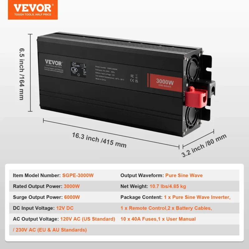 Puhta siinuslaine inverter, 3000 W, 415 x 164 x 80 mm