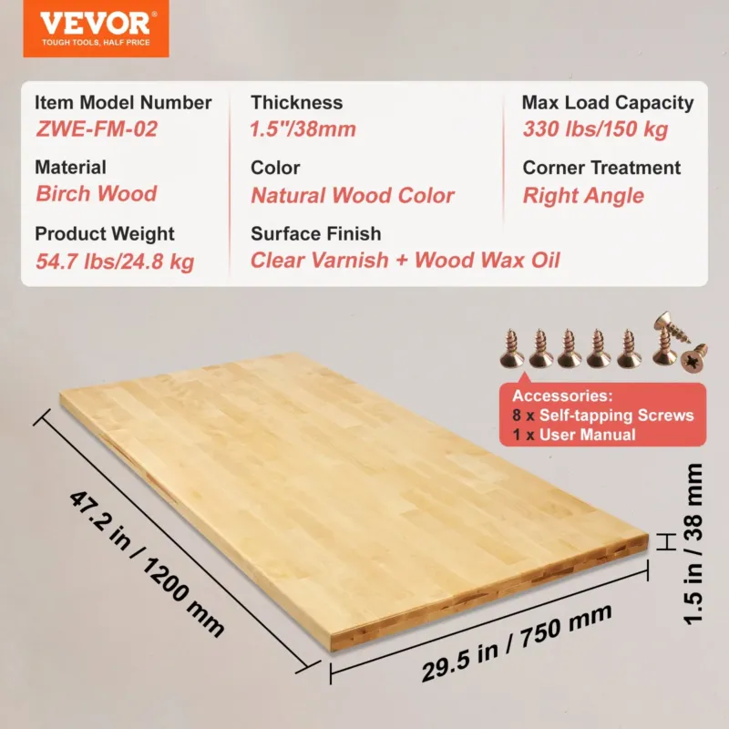 Puidust lauaplaat, 120 x 74,9 x 3,81 cm, 150 kg