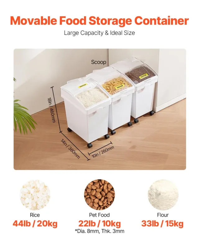 Ratastel jahu- ja toiduainete mahuti 3 x 25 L, kaanega