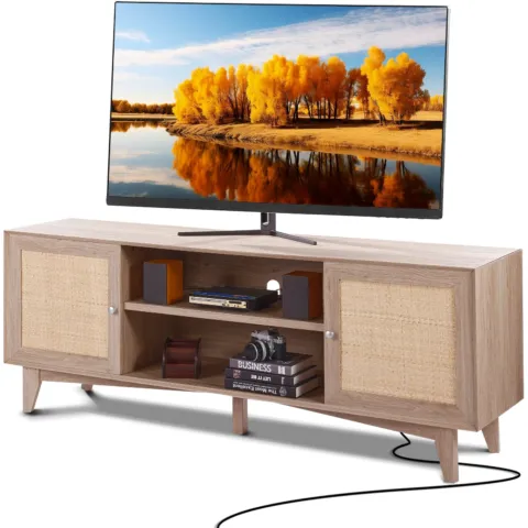 Rattan-TV-Ständer 191cm Fernseher Boho-TV-Schrank Fernsehschrank Eiche