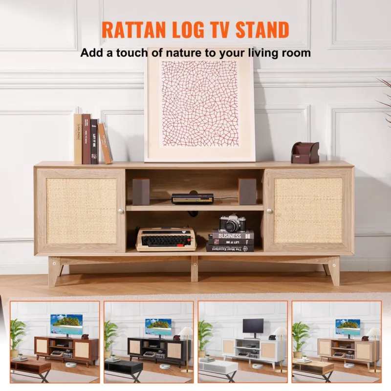 Rattan-TV-Ständer 191cm Fernseher Boho-TV-Schrank Fernsehschrank Eiche