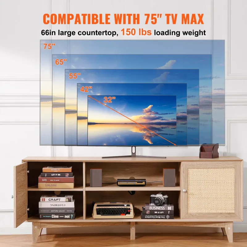 Rattan-TV-Ständer 191cm Fernseher Boho-TV-Schrank Fernsehschrank Eiche