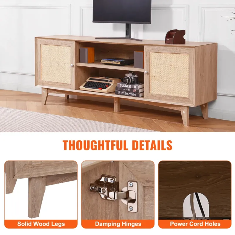 Rattan-TV-Ständer 191cm Fernseher Boho-TV-Schrank Fernsehschrank Eiche